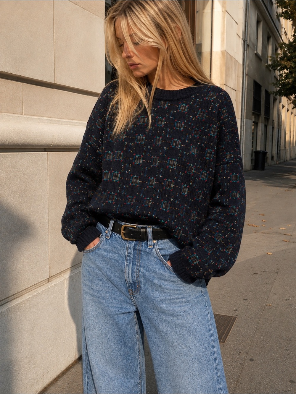 Vintage Oakton Limited Women’s Oversized Sweater L Navy Multicolor Grandpa Knit